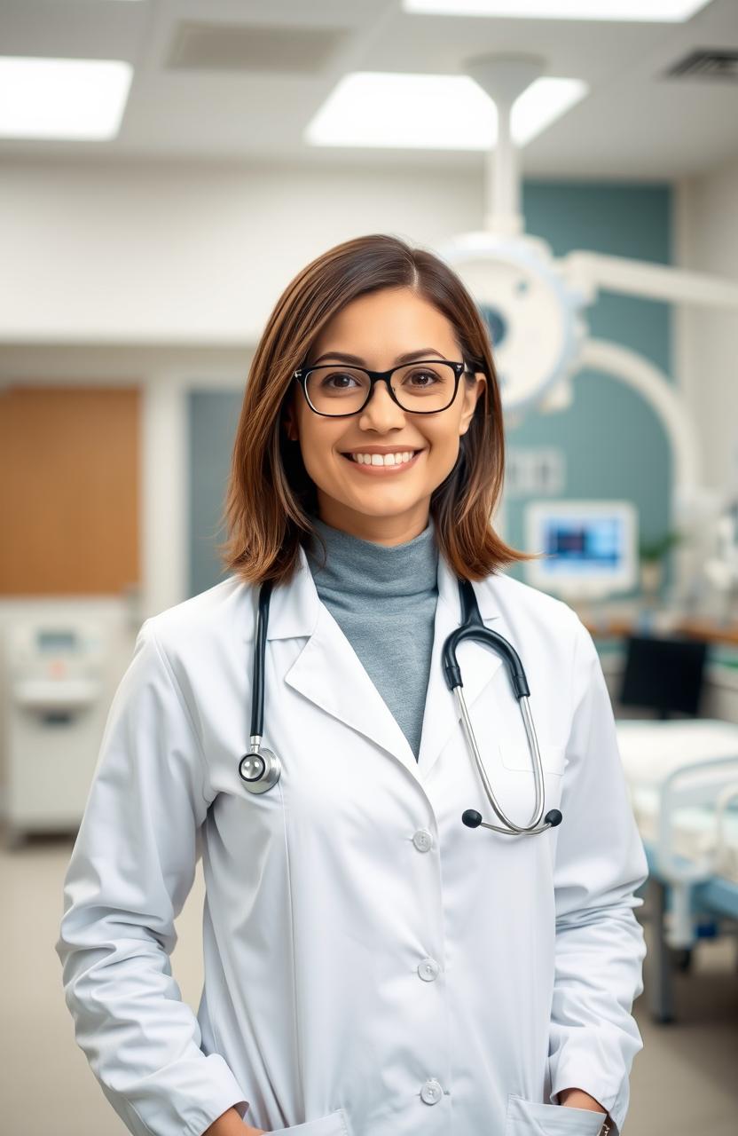 A confident and attractive young female doctor standing in a modern hospital setting, wearing a white lab coat, stethoscope around her neck, with a bright smile