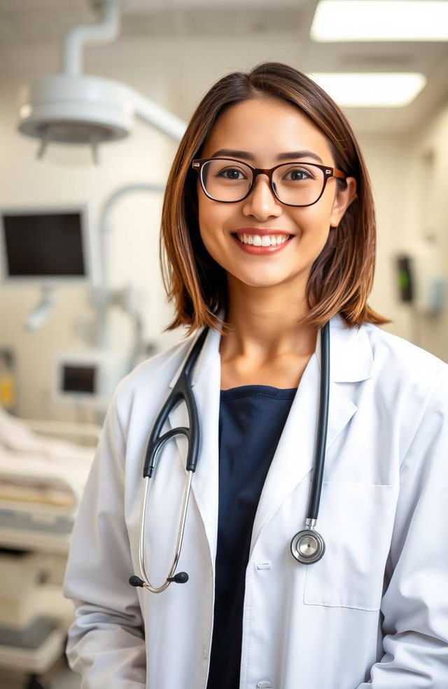 A confident and attractive young female doctor standing in a modern hospital setting, wearing a white lab coat, stethoscope around her neck, with a bright smile