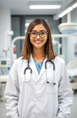 A confident and attractive young female doctor standing in a modern hospital setting, wearing a white lab coat, stethoscope around her neck, with a bright smile