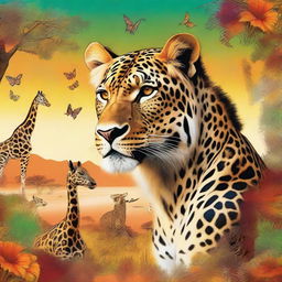 This digital art piece features a creature that combines elements of a lion, tiger, jaguar, cheetah, and giraffe