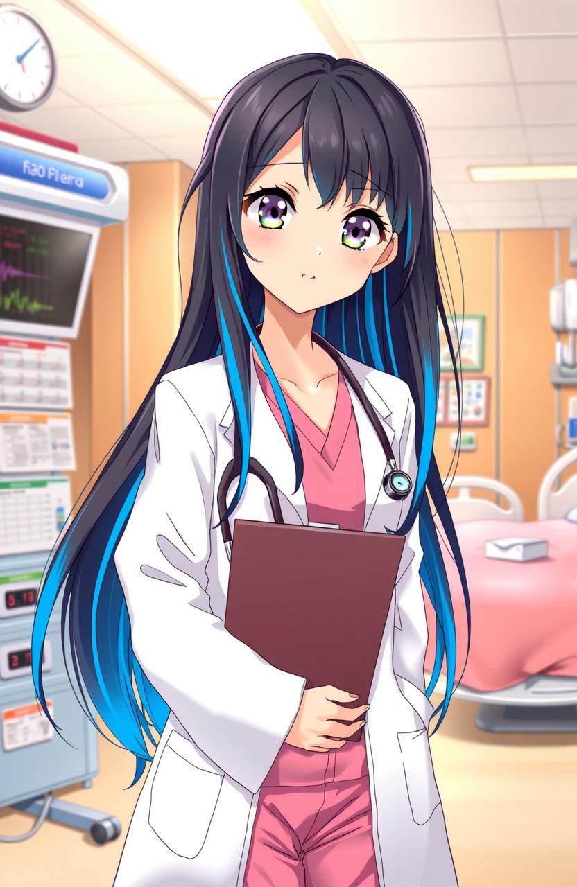 An anime style illustration of a young female doctor in a hospital setting