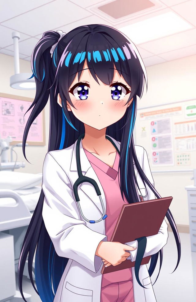 An anime style illustration of a young female doctor in a hospital setting