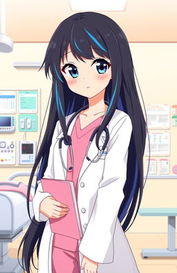 An anime style illustration of a young female doctor in a hospital setting