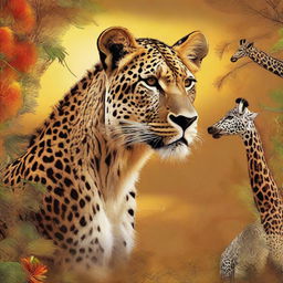 This digital art piece features a creature that combines elements of a lion, tiger, jaguar, cheetah, and giraffe