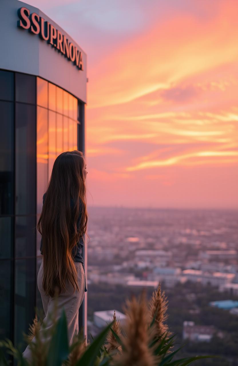 A girl gazing out from a high building named SUPERNOVA, with an awe-inspiring view of a vibrant sunset illuminating the sky in shades of orange, pink, and purple