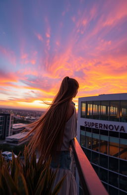 A girl gazing out from a high building named SUPERNOVA, with an awe-inspiring view of a vibrant sunset illuminating the sky in shades of orange, pink, and purple