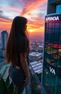 A girl gazing out from a high building named SUPERNOVA, with an awe-inspiring view of a vibrant sunset illuminating the sky in shades of orange, pink, and purple