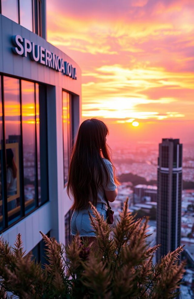 A girl gazing out from a high building named SUPERNOVA, with an awe-inspiring view of a vibrant sunset illuminating the sky in shades of orange, pink, and purple