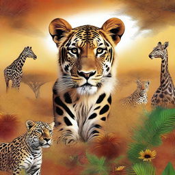 This digital art piece features a creature that combines elements of a lion, tiger, jaguar, cheetah, and giraffe