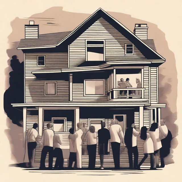 A digital art image of a house filled with drunken and despairing people, depicted in an expressive and dramatic art style.