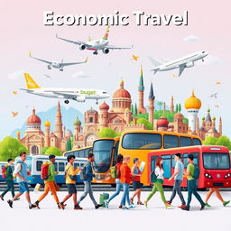 A vibrant and dynamic scene representing economic travel with various modes of transportation such as budget airlines, trains, and buses