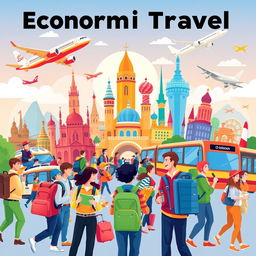 A vibrant and dynamic scene representing economic travel with various modes of transportation such as budget airlines, trains, and buses