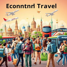 A vibrant and dynamic scene representing economic travel with various modes of transportation such as budget airlines, trains, and buses