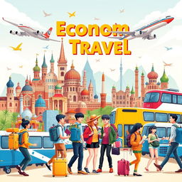 A vibrant and dynamic scene representing economic travel with various modes of transportation such as budget airlines, trains, and buses
