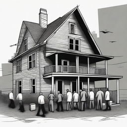 A digital art image of a house filled with drunken and despairing people, depicted in an expressive and dramatic art style.