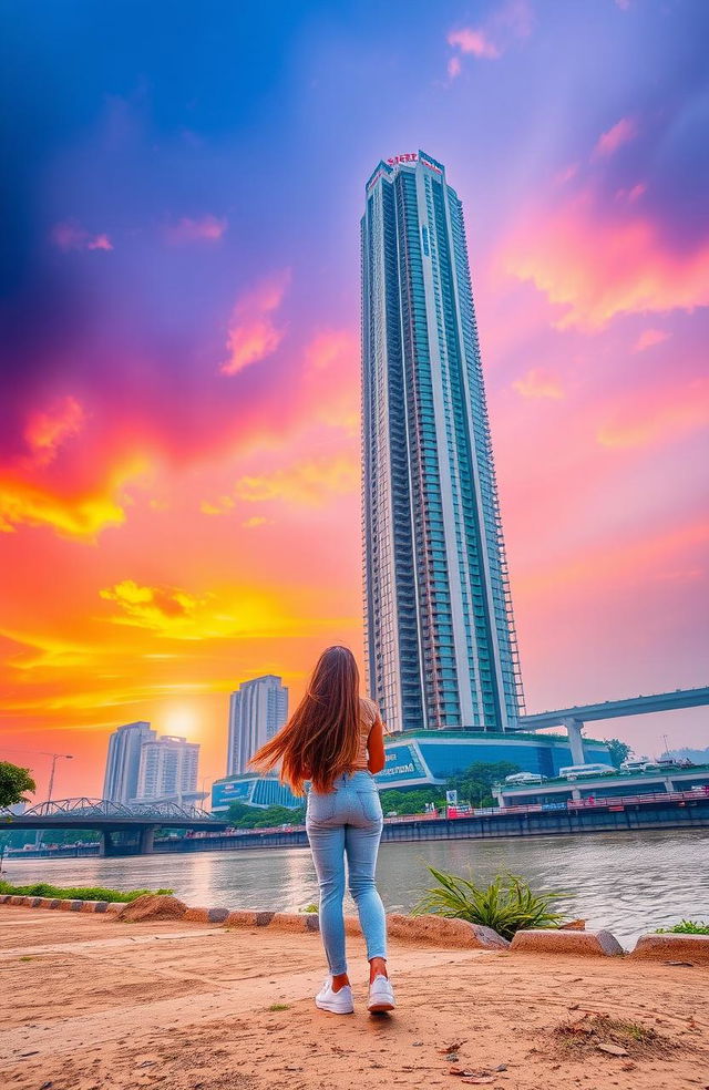 A girl standing on the ground, gazing up at a towering high-rise building named SUPERNOVA