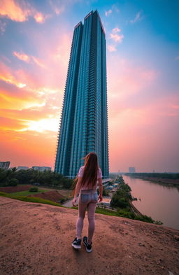 A girl standing on the ground, gazing up at a towering high-rise building named SUPERNOVA