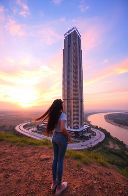A girl standing on the ground, gazing up at a towering high-rise building named SUPERNOVA