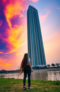 A girl standing on the ground, gazing up at a towering high-rise building named SUPERNOVA