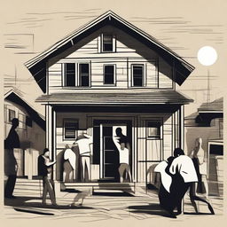 A digital art image of a house filled with drunken and despairing people, depicted in an expressive and dramatic art style.