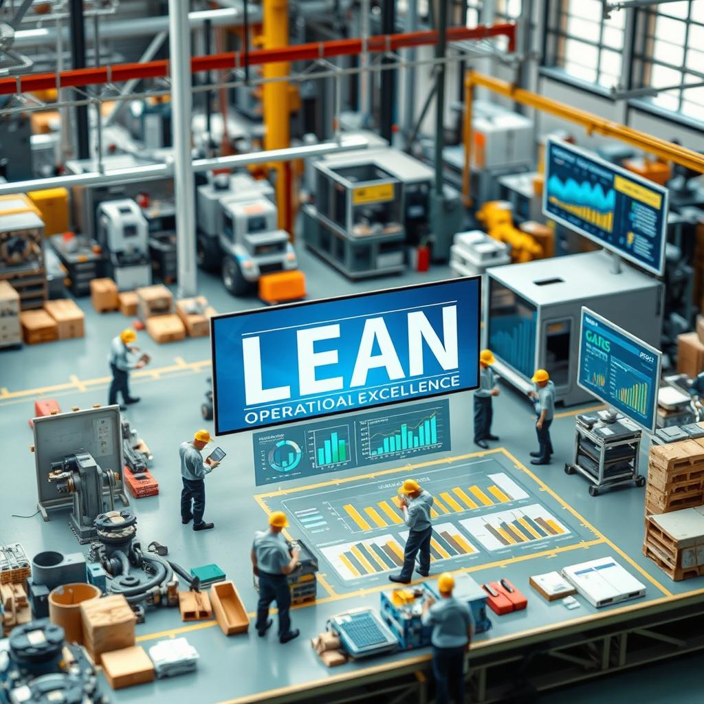 A dynamic and engaging tabletop scene depicting the principles of Lean Manufacturing and operational excellence in industrial settings