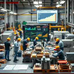 A dynamic and engaging tabletop scene depicting the principles of Lean Manufacturing and operational excellence in industrial settings