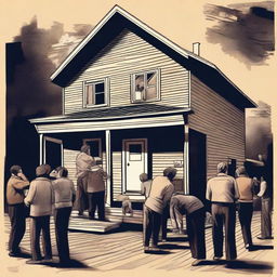 A digital art image of a house filled with drunken and despairing people, depicted in an expressive and dramatic art style.