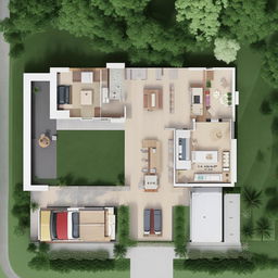 Generate a ground-level, L-shaped house floor plan with four bedrooms.