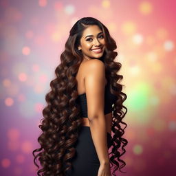 A stunning young lady with incredibly long, flowing hair cascading down her back, styled in beautiful, voluminous curls