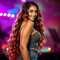 A stunning young lady with incredibly long, flowing hair cascading down her back, styled in beautiful, voluminous curls