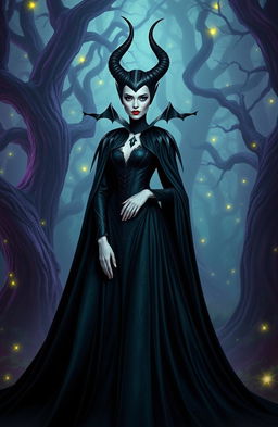 A stunning portrayal of Maleficent, the iconic dark fairy, standing in an enchanted forest