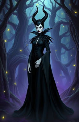 A stunning portrayal of Maleficent, the iconic dark fairy, standing in an enchanted forest