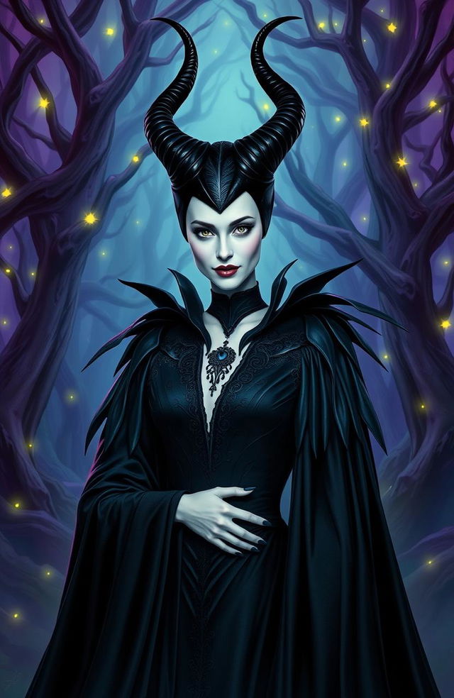 A stunning portrayal of Maleficent, the iconic dark fairy, standing in an enchanted forest