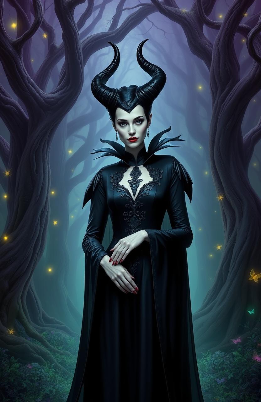 A stunning portrayal of Maleficent, the iconic dark fairy, standing in an enchanted forest