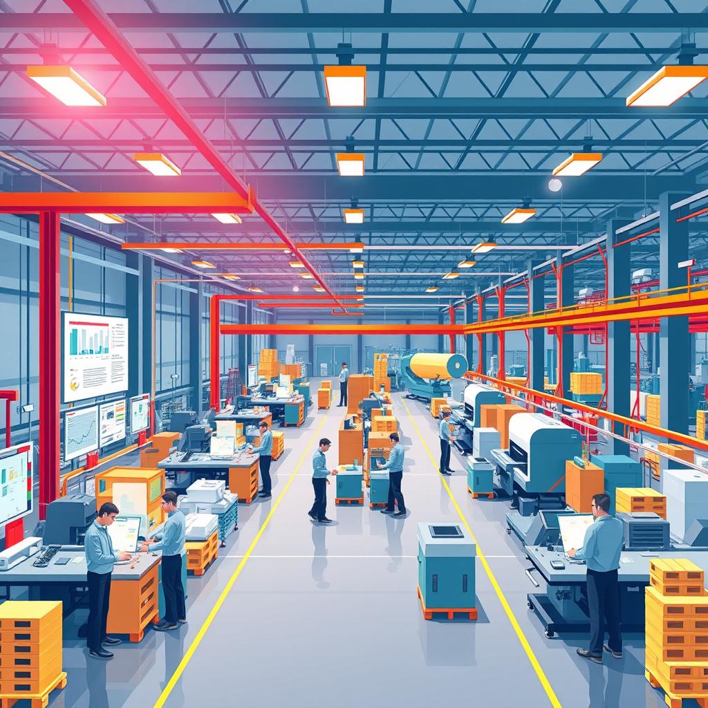 An engaging and illustrative representation of Lean Manufacturing principles, showcasing a modern industrial setting with vibrant colors