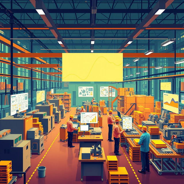 An engaging and illustrative representation of Lean Manufacturing principles, showcasing a modern industrial setting with vibrant colors