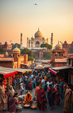A vibrant travelogue depicting the essence of India, featuring iconic landmarks such as the Taj Mahal, Jaipur's palaces, and Kerala's backwaters