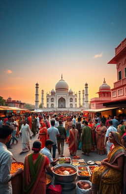 A vibrant travelogue depicting the essence of India, featuring iconic landmarks such as the Taj Mahal, Jaipur's palaces, and Kerala's backwaters