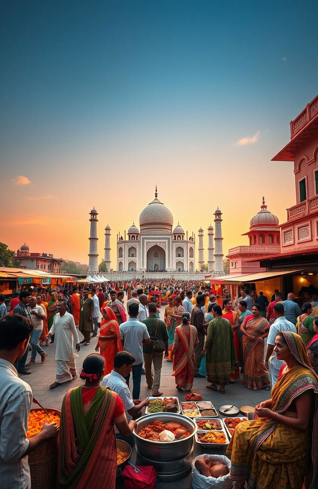 A vibrant travelogue depicting the essence of India, featuring iconic landmarks such as the Taj Mahal, Jaipur's palaces, and Kerala's backwaters