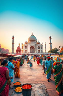 A vibrant travelogue depicting the essence of India, featuring iconic landmarks such as the Taj Mahal, Jaipur's palaces, and Kerala's backwaters