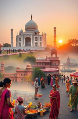 A vibrant travelogue depicting the essence of India, featuring iconic landmarks such as the Taj Mahal, Jaipur's palaces, and Kerala's backwaters