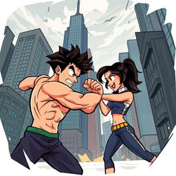 A dynamic action romance scene featuring a muscular brunette man and an athletic dark blonde woman striking powerful fighting stances, ready to engage in a combat