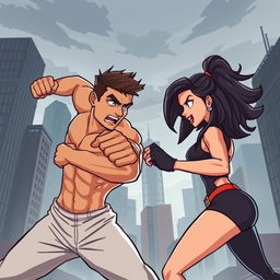 A dynamic action romance scene featuring a muscular brunette man and an athletic dark blonde woman striking powerful fighting stances, ready to engage in a combat