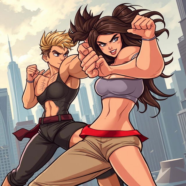 A dynamic action romance scene featuring a muscular brunette man and an athletic dark blonde woman striking powerful fighting stances, ready to engage in a combat