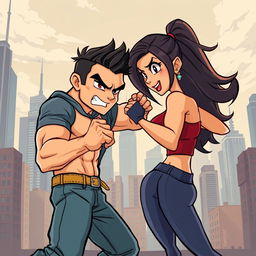 A dynamic action romance scene featuring a muscular brunette man and an athletic dark blonde woman striking powerful fighting stances, ready to engage in a combat