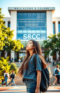 A young woman standing in front of the SRCC college building, gazing thoughtfully at the modern architecture of the college