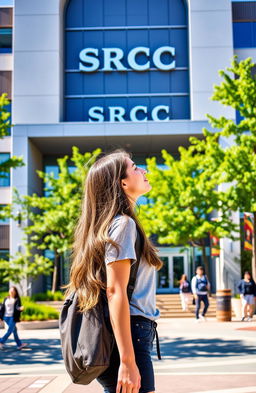 A young woman standing in front of the SRCC college building, gazing thoughtfully at the modern architecture of the college