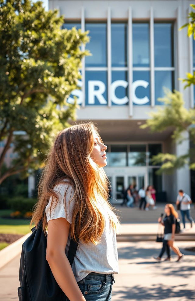 A young woman standing in front of the SRCC college building, gazing thoughtfully at the modern architecture of the college