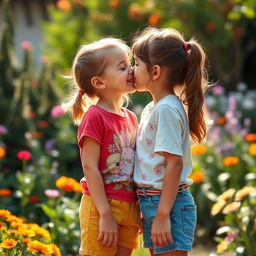 A realistic scene depicting two tween girls sharing a sweet and innocent kiss