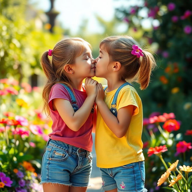 A realistic scene depicting two tween girls sharing a sweet and innocent kiss